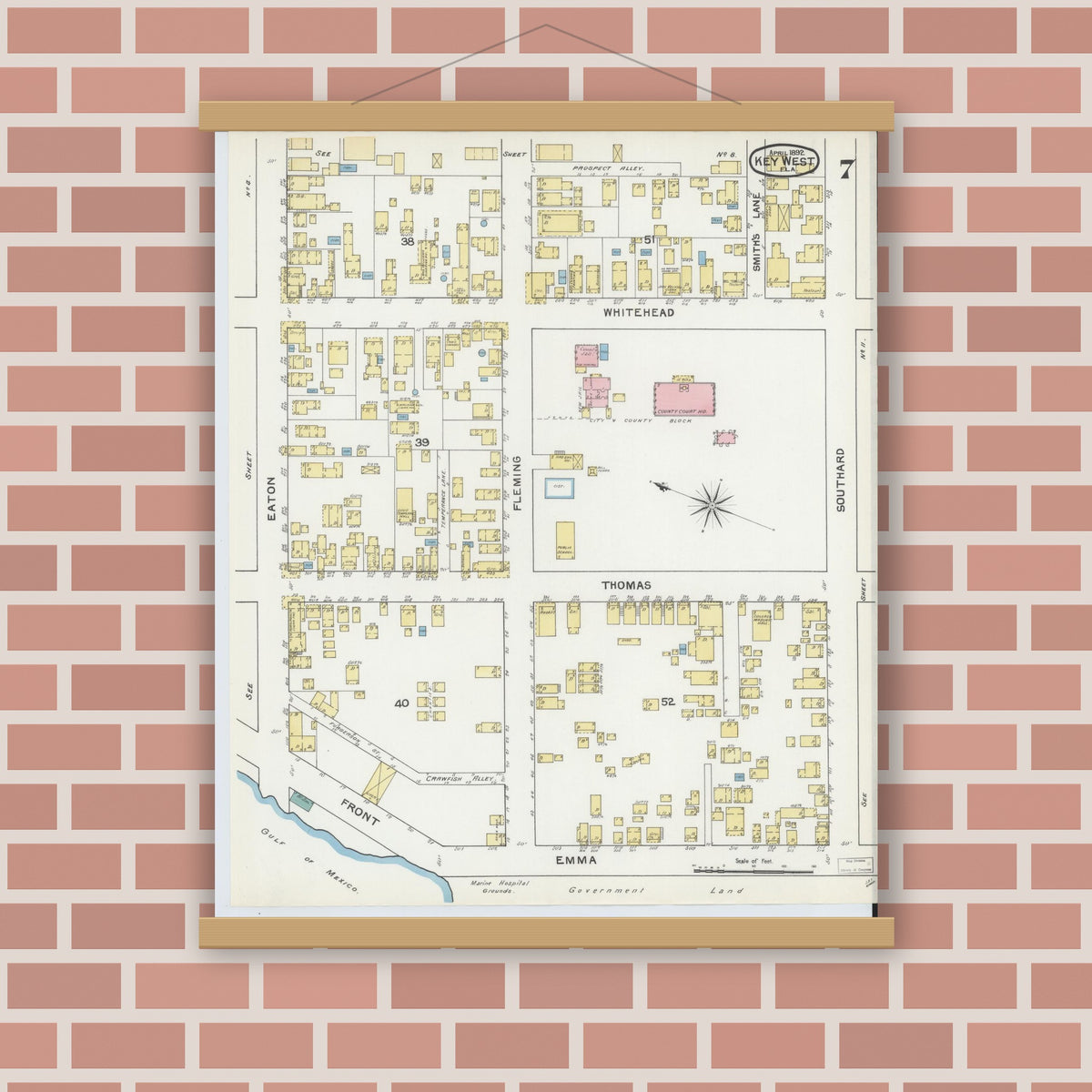 Old map wall art mockup — magnetic wood frame on brick wall — Sanborn Fire Insurance Map from Key West, Monroe County, Florida (1892), Sheet #0007