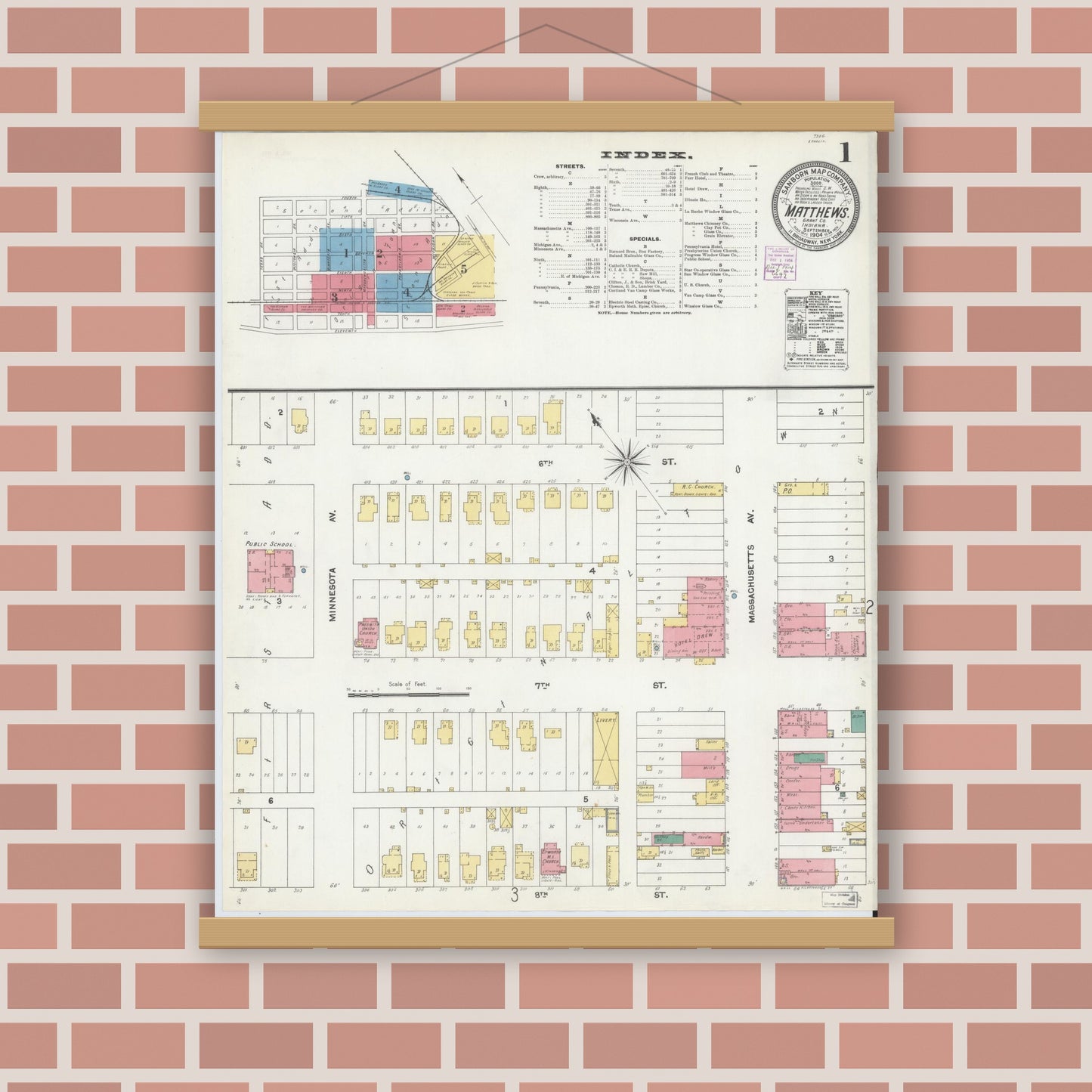 Old map wall art mockup — magnetic wood frame on brick wall — Sanborn Fire Insurance Map from Matthews, Grant County, Indiana (1904) - Complete Map Set