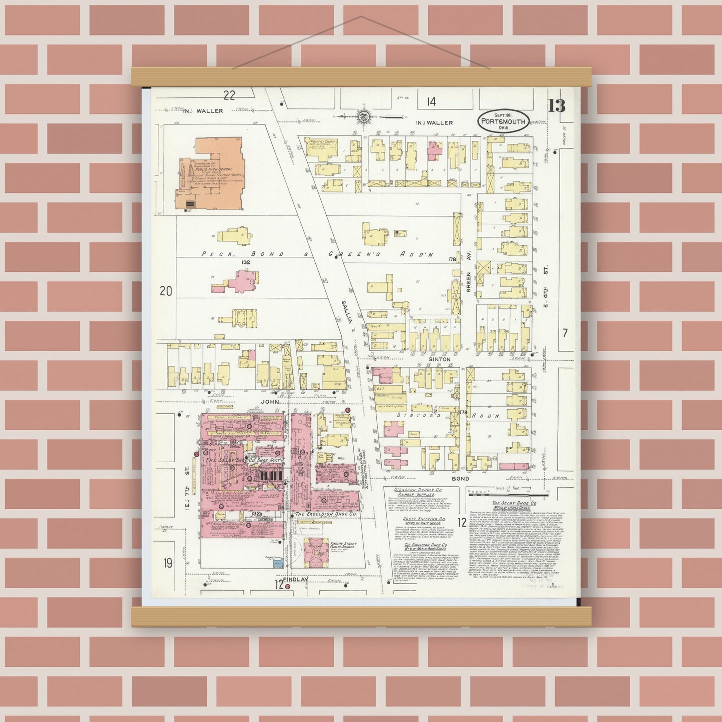 Old map wall art mockup — magnetic wood frame on brick wall — Sanborn Fire Insurance Map from Portsmouth, Scioto County, Ohio (1911), Sheet #0013