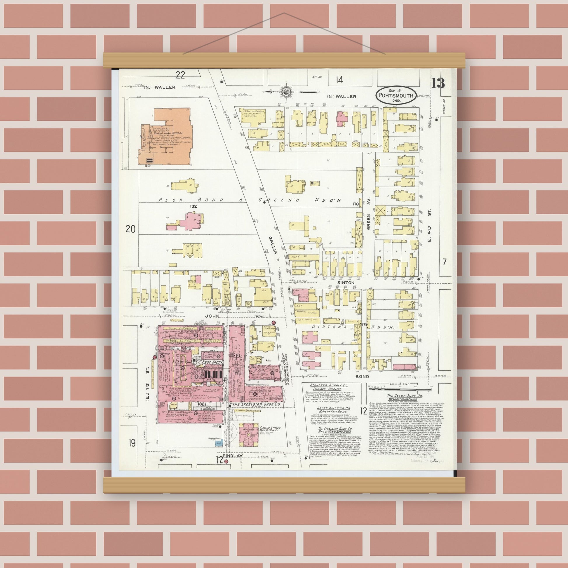 Old map wall art mockup — magnetic wood frame on brick wall — Sanborn Fire Insurance Map from Portsmouth, Scioto County, Ohio (1911), Sheet #0013