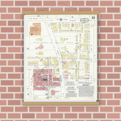 Old map wall art mockup — magnetic wood frame on brick wall — Sanborn Fire Insurance Map from Portsmouth, Scioto County, Ohio (1911), Sheet #0013