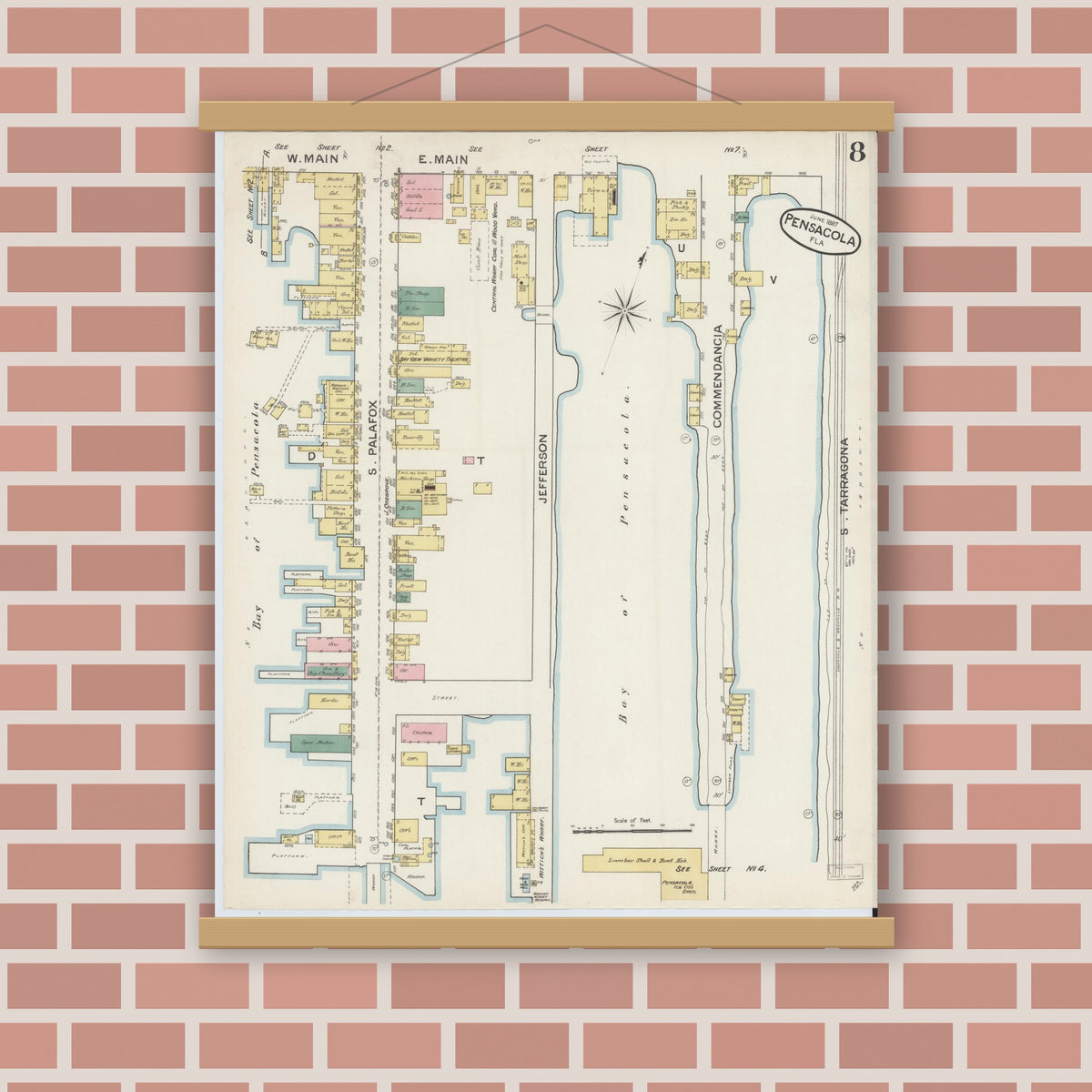 Old map wall art mockup — magnetic wood frame on brick wall — Sanborn Fire Insurance Map from Pensacola, Escambia County, Florida (1887), Sheet #0008