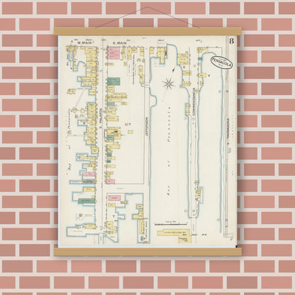 Old map wall art mockup — magnetic wood frame on brick wall — Sanborn Fire Insurance Map from Pensacola, Escambia County, Florida (1887), Sheet #0008