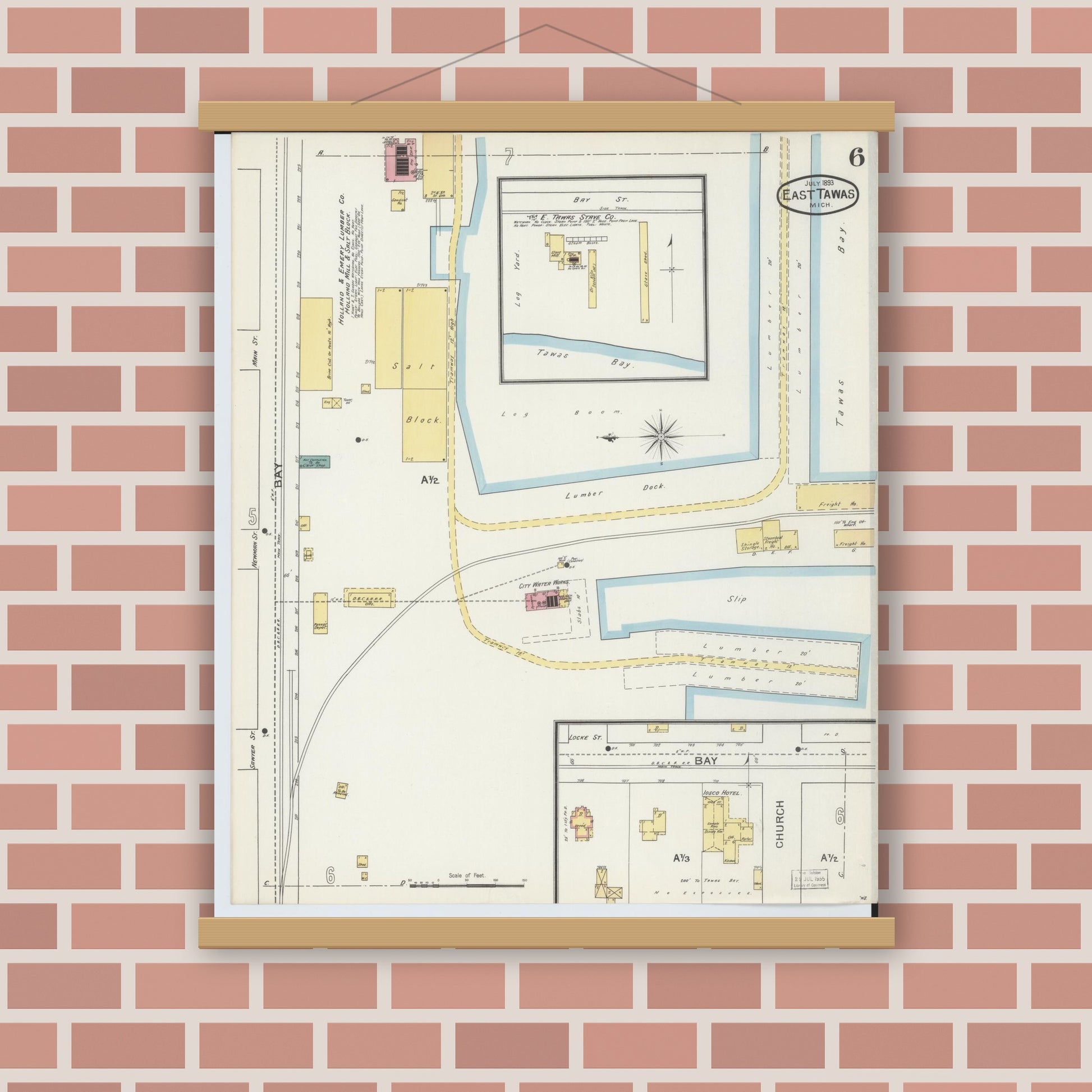 Old map wall art mockup — magnetic wood frame on brick wall — Sanborn Fire Insurance Map from East Tawas, Iosco County, Michigan (1893), Sheet #0006