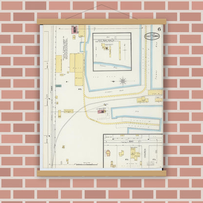 Old map wall art mockup — magnetic wood frame on brick wall — Sanborn Fire Insurance Map from East Tawas, Iosco County, Michigan (1893), Sheet #0006