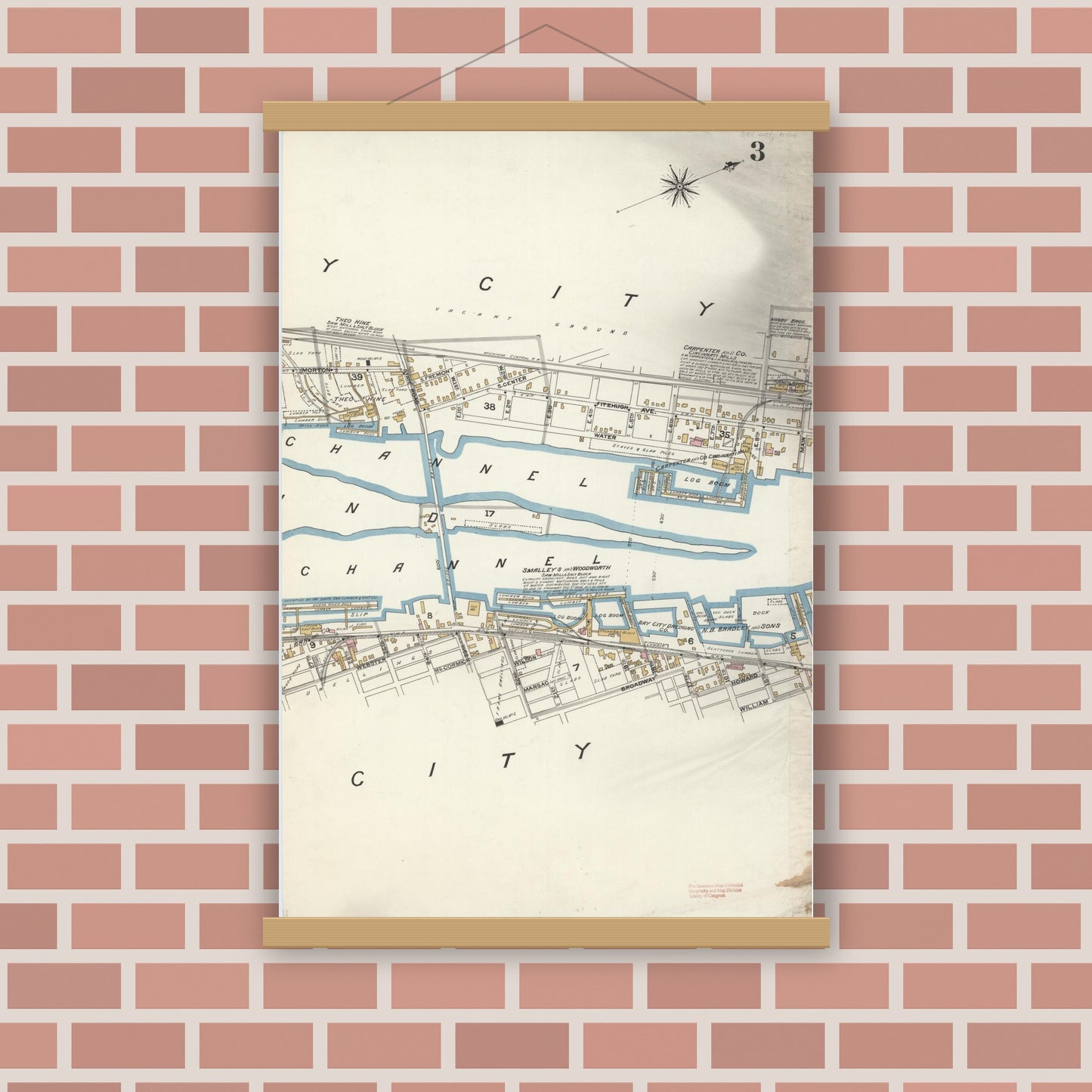 Old map wall art mockup — magnetic wood frame on brick wall — Sanborn Fire Insurance Map from Bay City, Bay County, Michigan (1895), Sheet #0003