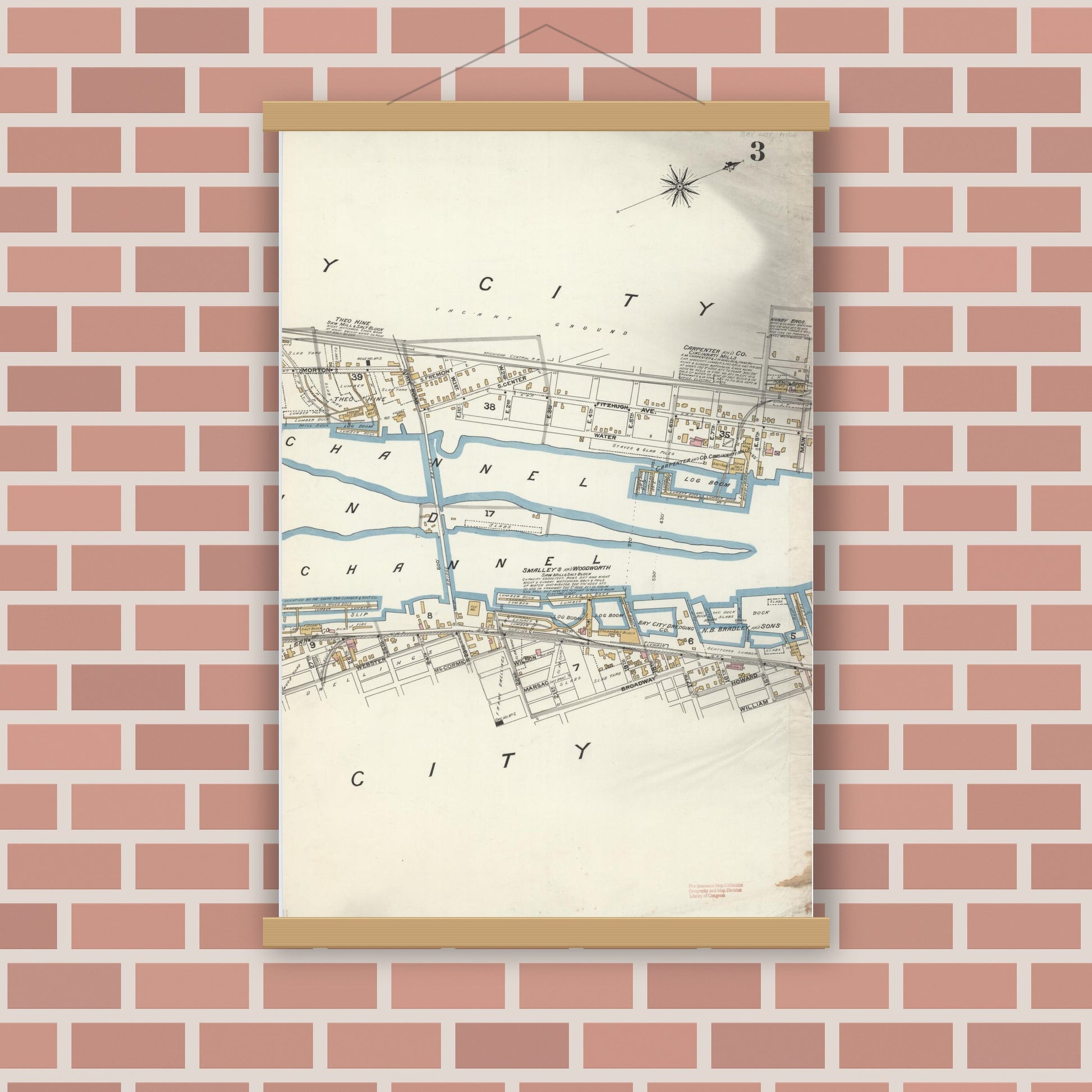 Old map wall art mockup — magnetic wood frame on brick wall — Sanborn Fire Insurance Map from Bay City, Bay County, Michigan (1895), Sheet #0003