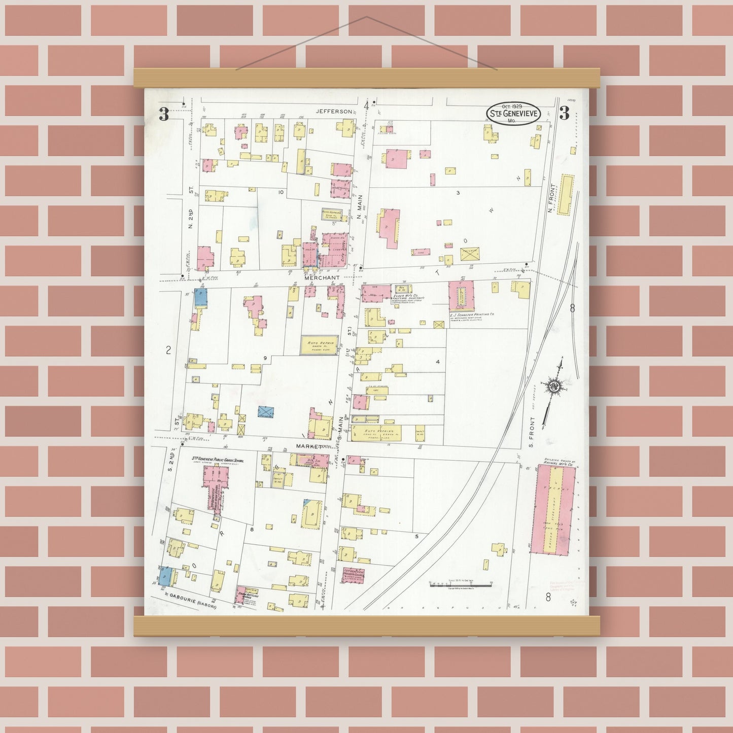 Old map wall art mockup — magnetic wood frame on brick wall — Sanborn Fire Insurance Map from Sainte Genevieve, Saint Genevieve County, Missouri (1929), Sheet #0003