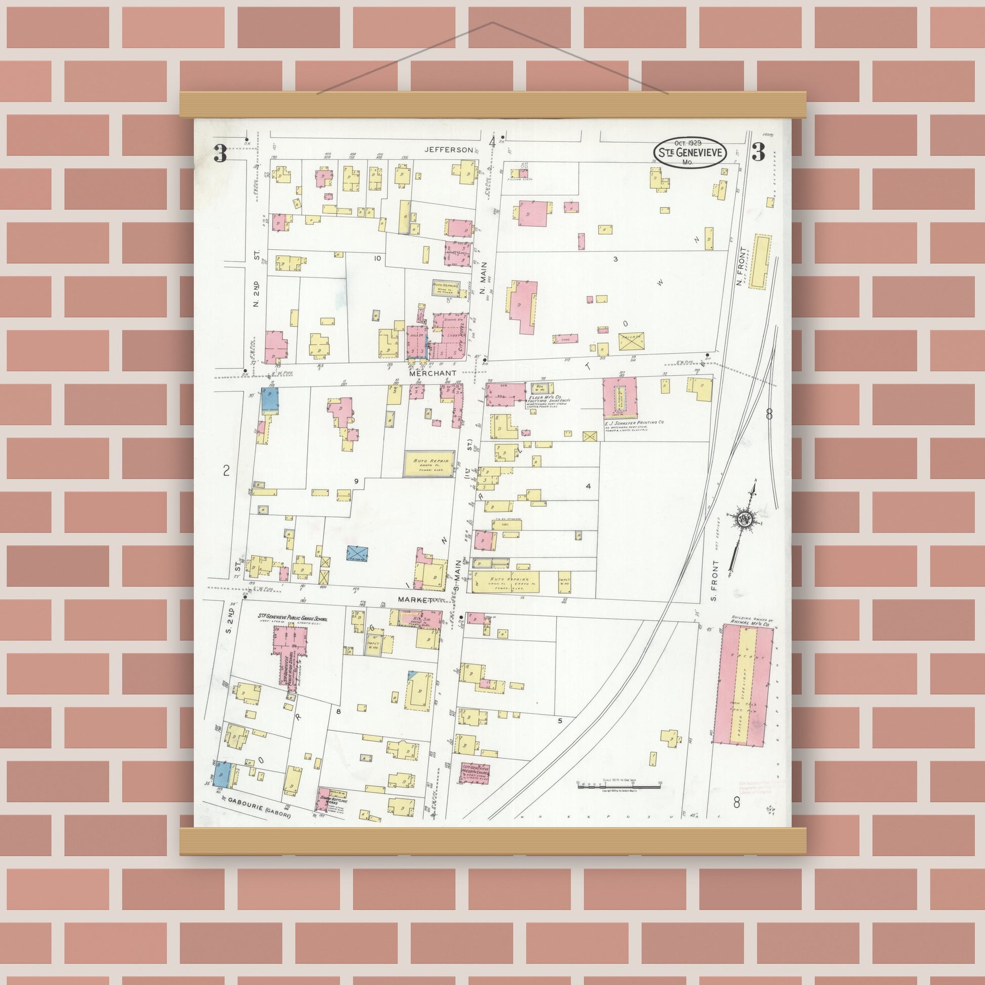 Old map wall art mockup — magnetic wood frame on brick wall — Sanborn Fire Insurance Map from Sainte Genevieve, Saint Genevieve County, Missouri (1929), Sheet #0003
