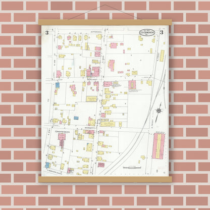 Old map wall art mockup — magnetic wood frame on brick wall — Sanborn Fire Insurance Map from Sainte Genevieve, Saint Genevieve County, Missouri (1929), Sheet #0003