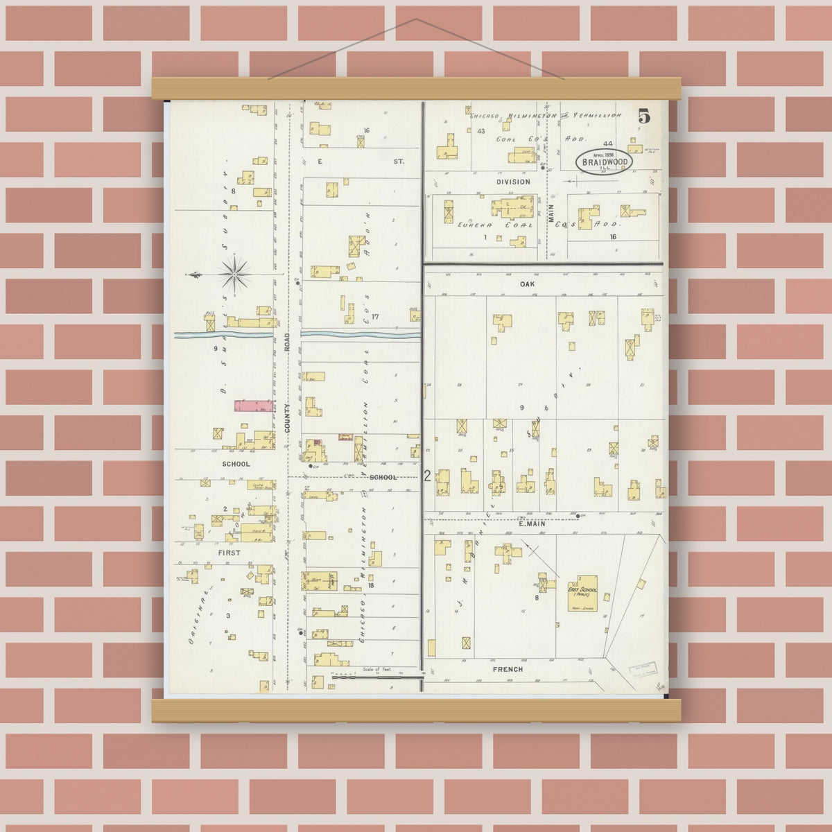 Old map wall art mockup — magnetic wood frame on brick wall — Sanborn Fire Insurance Map from Braidwood, Will County, Illinois (1898), Sheet #0005