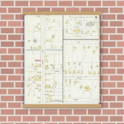 Old map wall art mockup — magnetic wood frame on brick wall — Sanborn Fire Insurance Map from Braidwood, Will County, Illinois (1898), Sheet #0005