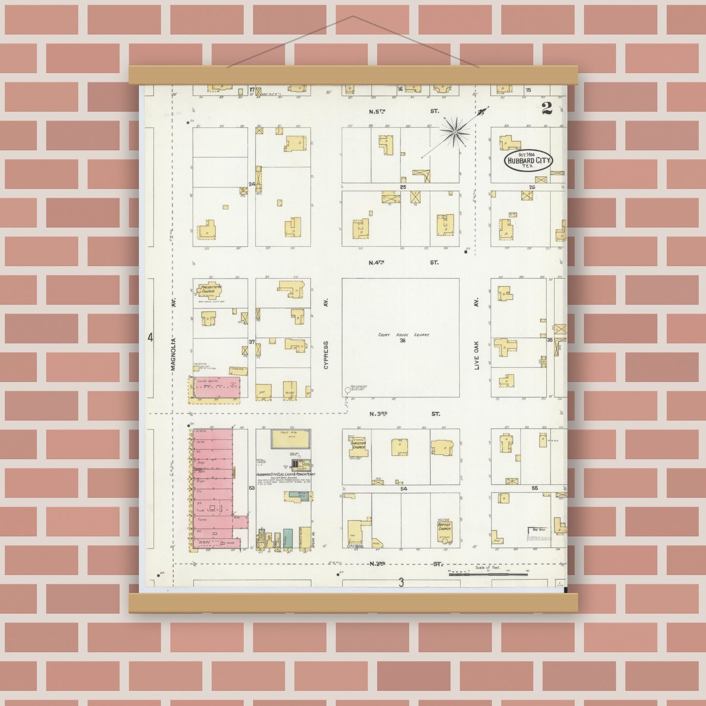 Old map wall art mockup — magnetic wood frame on brick wall — Sanborn Fire Insurance Map from Hubbard, Hill County, Texas (1904), Sheet #0002