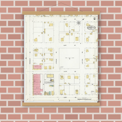 Old map wall art mockup — magnetic wood frame on brick wall — Sanborn Fire Insurance Map from Hubbard, Hill County, Texas (1904), Sheet #0002