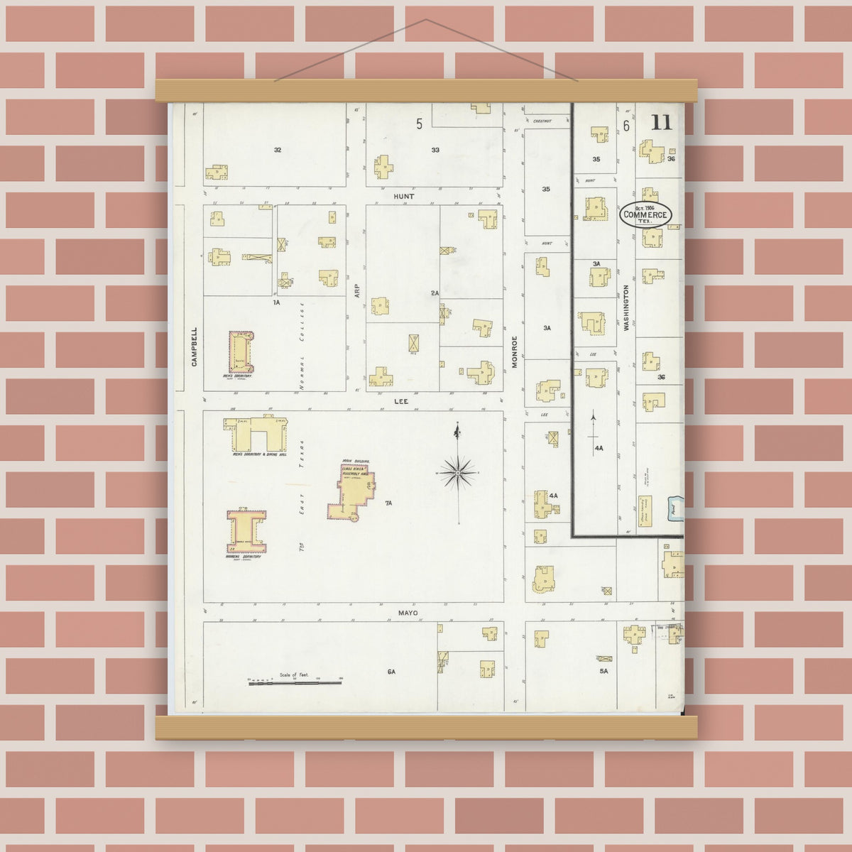 Old map wall art mockup — magnetic wood frame on brick wall — Sanborn Fire Insurance Map from Commerce, Hunt County, Texas (1906), Sheet #0011