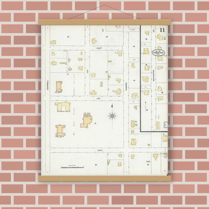 Old map wall art mockup — magnetic wood frame on brick wall — Sanborn Fire Insurance Map from Commerce, Hunt County, Texas (1906), Sheet #0011