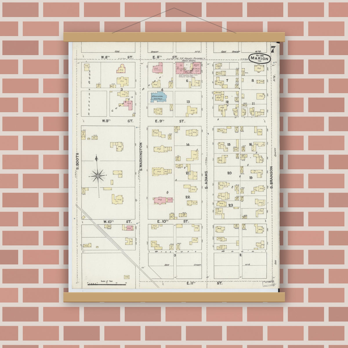 Old map wall art mockup — magnetic wood frame on brick wall — Sanborn Fire Insurance Map from Marion, Grant County, Indiana (1890), Sheet #0007