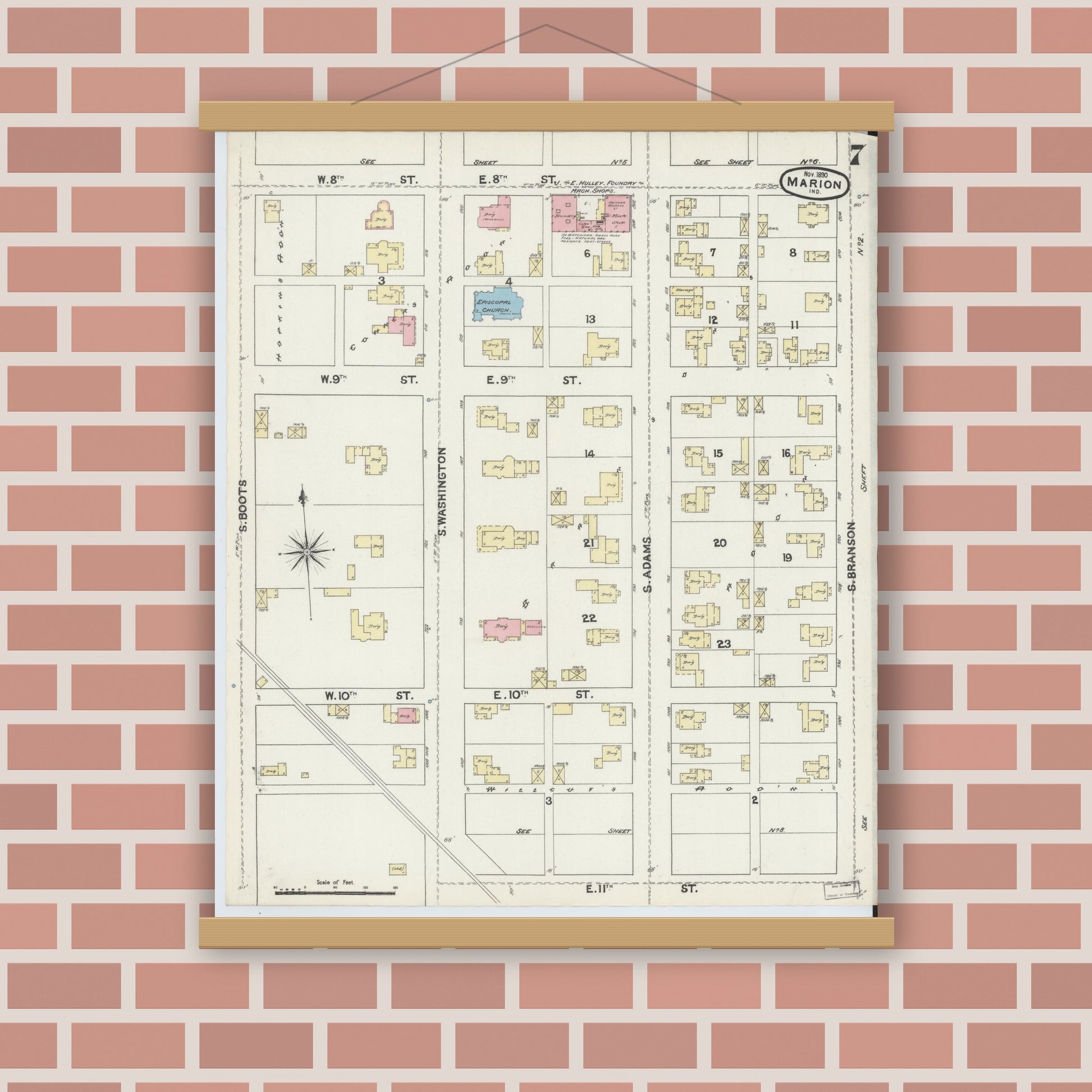 Old map wall art mockup — magnetic wood frame on brick wall — Sanborn Fire Insurance Map from Marion, Grant County, Indiana (1890), Sheet #0007