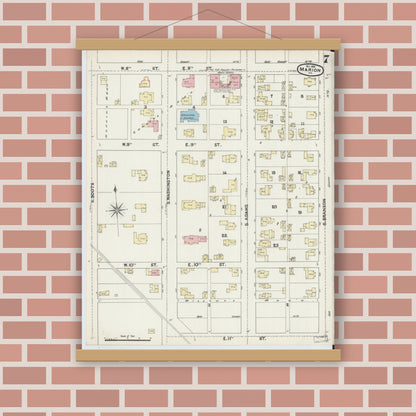 Old map wall art mockup — magnetic wood frame on brick wall — Sanborn Fire Insurance Map from Marion, Grant County, Indiana (1890), Sheet #0007