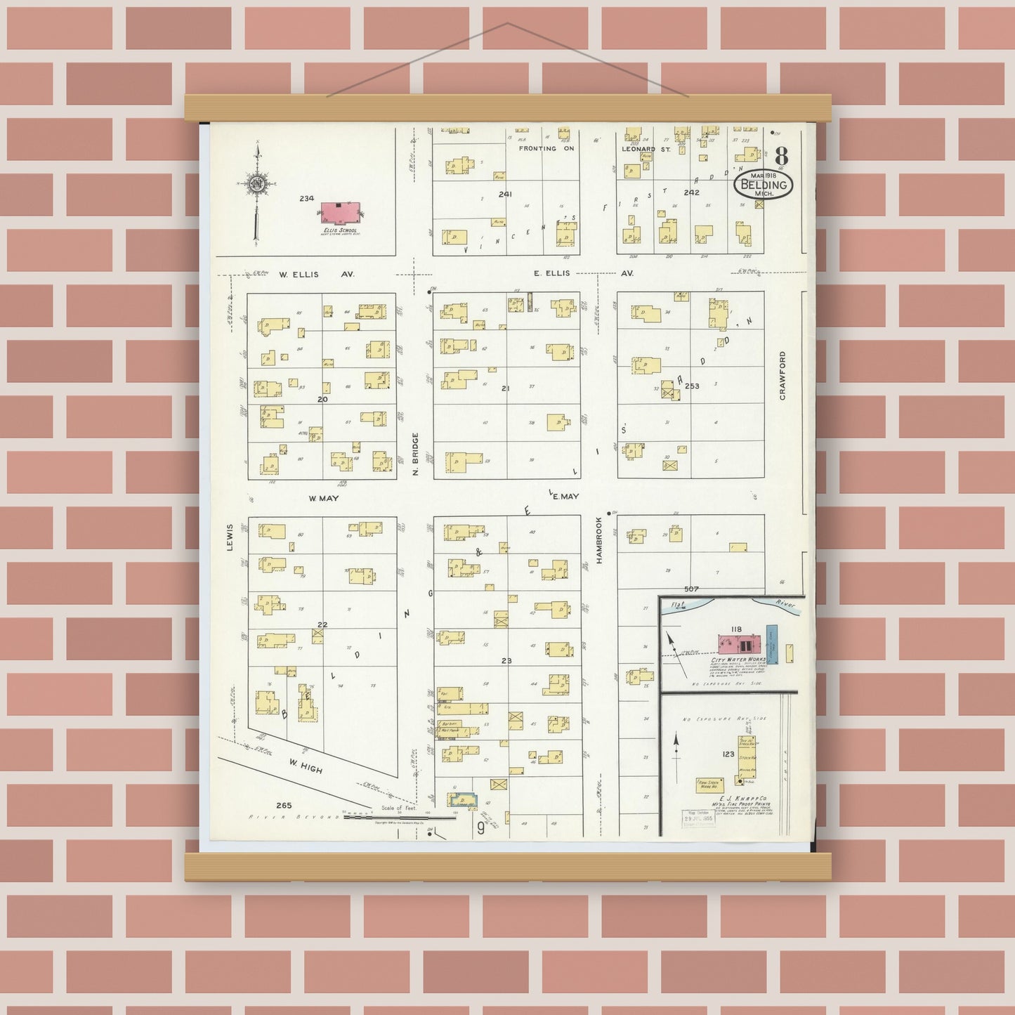 Old map wall art mockup — magnetic wood frame on brick wall — Sanborn Fire Insurance Map from Belding, Ionia County, Michigan (1918), Sheet #0008