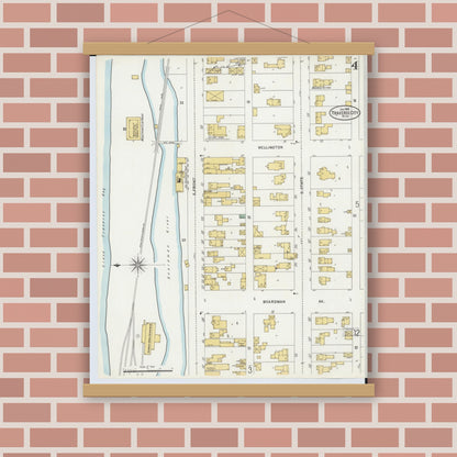 Old map wall art mockup — magnetic wood frame on brick wall — Sanborn Fire Insurance Map from Traverse City, Grand Traverse County, Michigan (1899), Sheet #0004