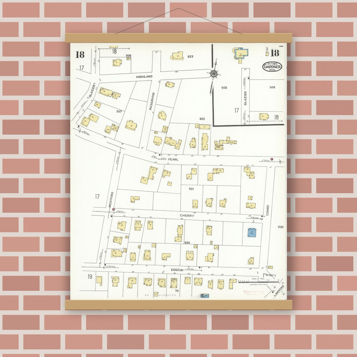 Old map wall art mockup — magnetic wood frame on brick wall — Sanborn Fire Insurance Map from Gardner, Worcester County, Massachusetts (1923), Sheet #0018