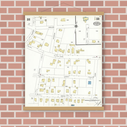 Old map wall art mockup — magnetic wood frame on brick wall — Sanborn Fire Insurance Map from Gardner, Worcester County, Massachusetts (1923), Sheet #0018