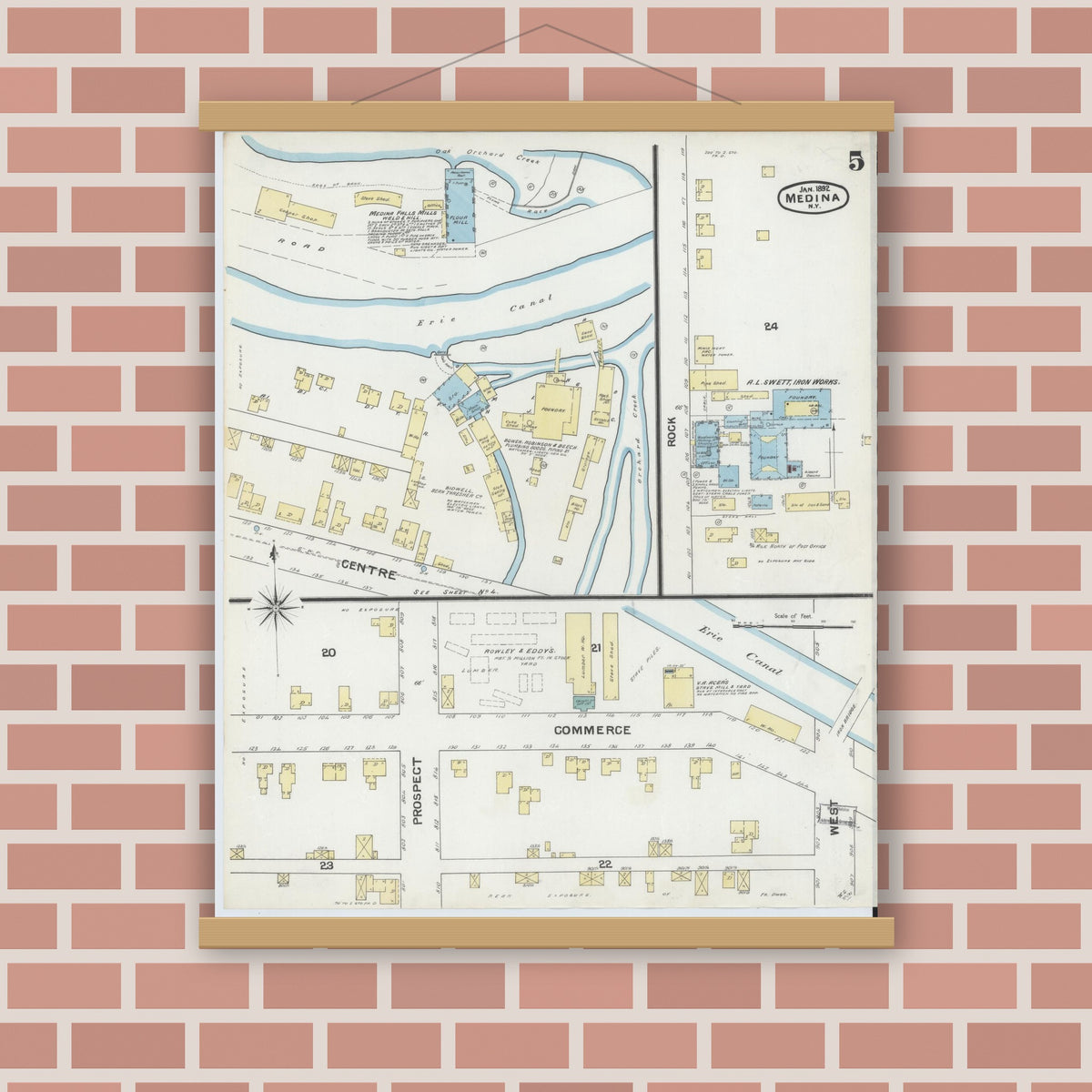 Old map wall art mockup — magnetic wood frame on brick wall — Sanborn Fire Insurance Map from Medina, Orleans County, New York (1892), Sheet #0005