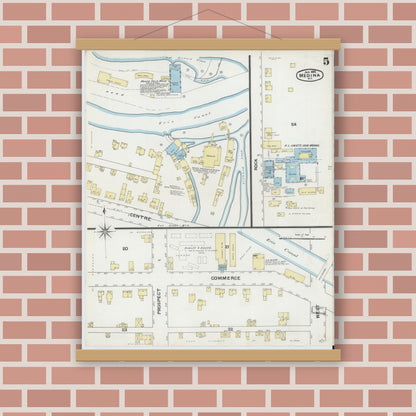 Old map wall art mockup — magnetic wood frame on brick wall — Sanborn Fire Insurance Map from Medina, Orleans County, New York (1892), Sheet #0005