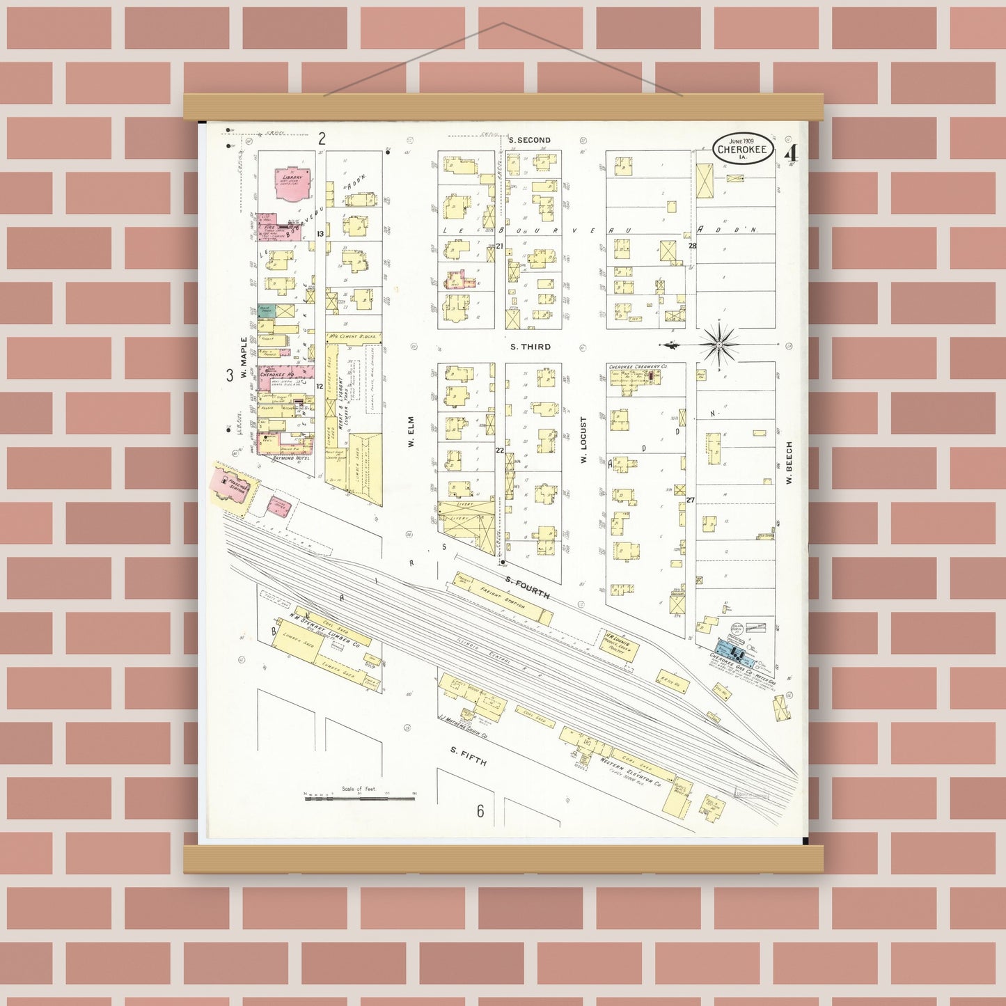 Old map wall art mockup — magnetic wood frame on brick wall — Sanborn Fire Insurance Map from Cherokee, Cherokee County, Iowa (1909), Sheet #0004