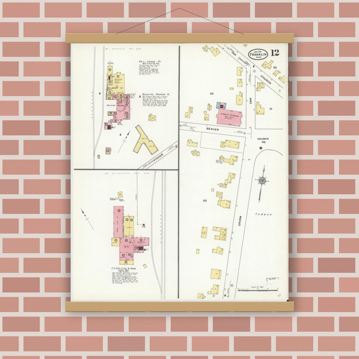Old map wall art mockup — magnetic wood frame on brick wall — Sanborn Fire Insurance Map from Franklin, Norfolk County, Massachusetts (1911), Sheet #0012