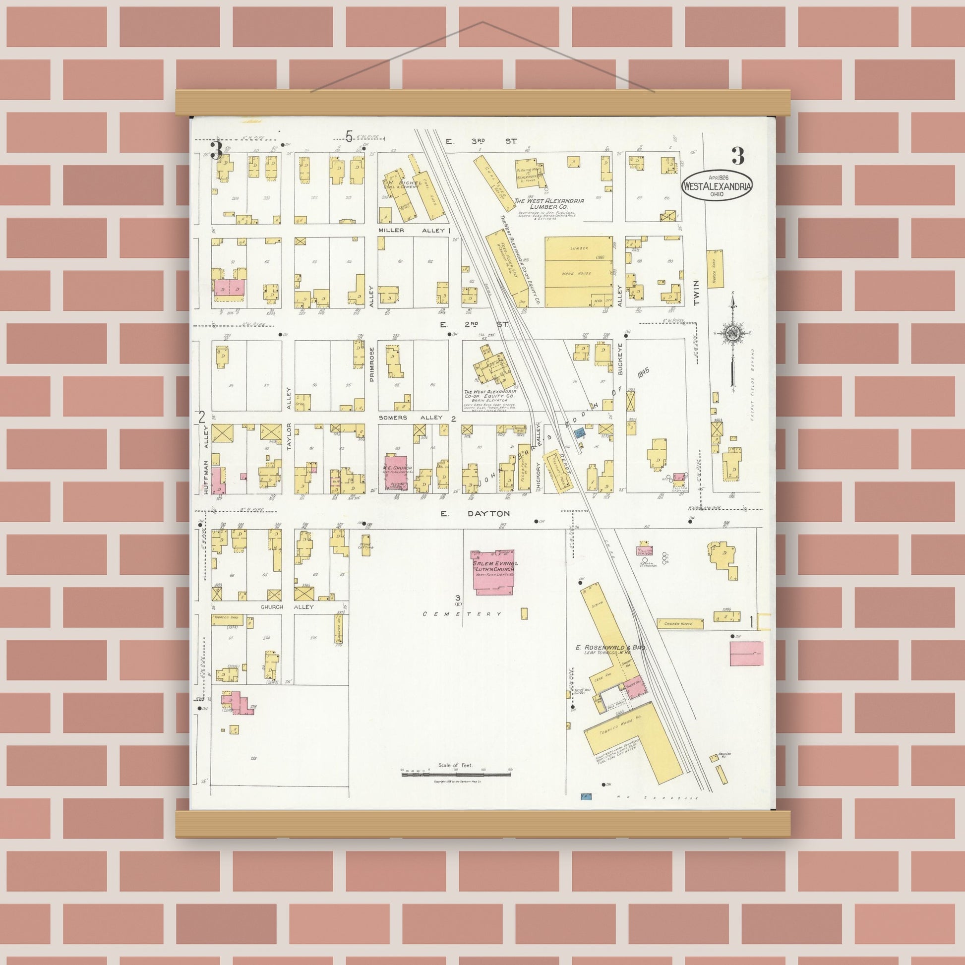 Old map wall art mockup — magnetic wood frame on brick wall — Sanborn Fire Insurance Map from West Alexandria, Preble County, Ohio (1926), Sheet #0003