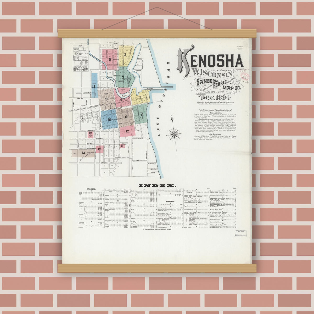 Old map wall art mockup — magnetic wood frame on brick wall — Sanborn Fire Insurance Map from Kenosha, Kenosha County, Wisconsin (1894) - Complete Map Set