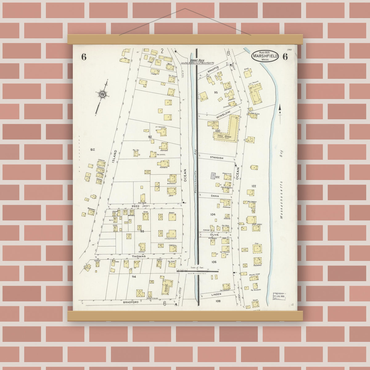 Old map wall art mockup — magnetic wood frame on brick wall — Sanborn Fire Insurance Map from Marshfield, Plymouth County, Massachusetts (1925), Sheet #0006