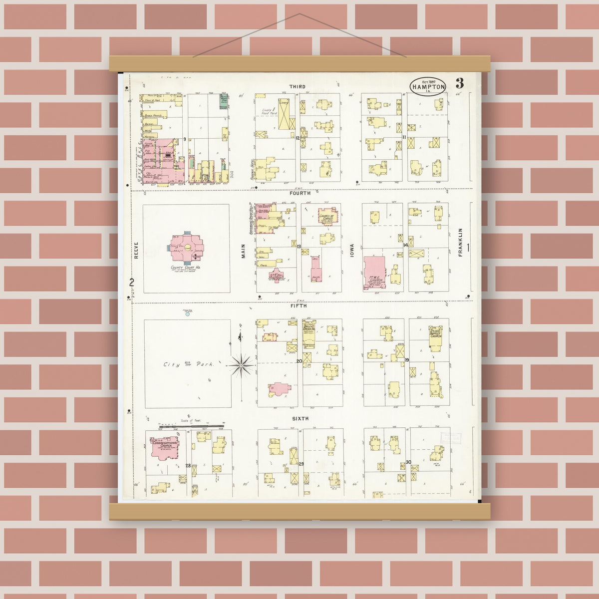 Old map wall art mockup — magnetic wood frame on brick wall — Sanborn Fire Insurance Map from Hampton, Franklin County, Iowa (1897), Sheet #0003