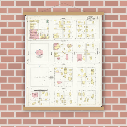 Old map wall art mockup — magnetic wood frame on brick wall — Sanborn Fire Insurance Map from Hampton, Franklin County, Iowa (1897), Sheet #0003