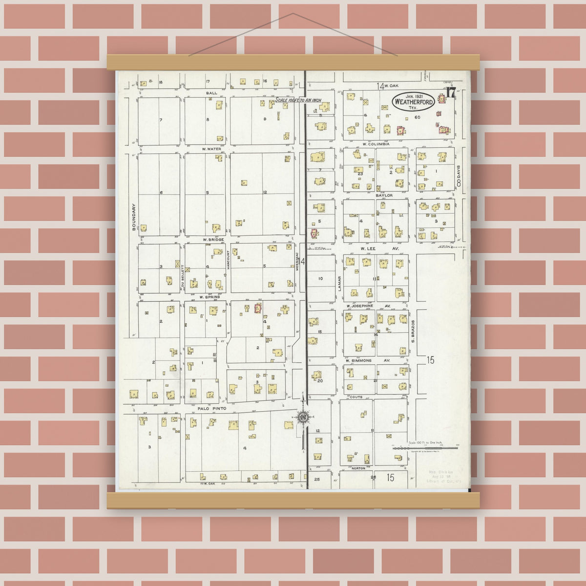 Old map wall art mockup — magnetic wood frame on brick wall — Sanborn Fire Insurance Map from Weatherford, Parker County, Texas (1921), Sheet #0017