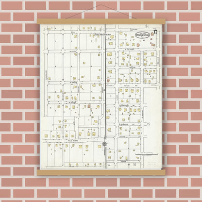 Old map wall art mockup — magnetic wood frame on brick wall — Sanborn Fire Insurance Map from Weatherford, Parker County, Texas (1921), Sheet #0017