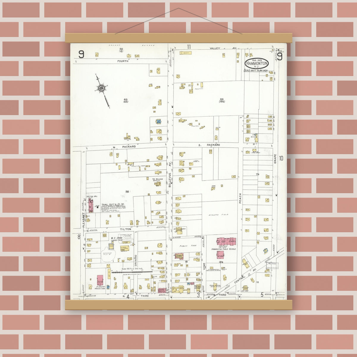 Old map wall art mockup — magnetic wood frame on brick wall — Sanborn Fire Insurance Map from Hammonton, Atlantic County, New Jersey (1923), Sheet #0009