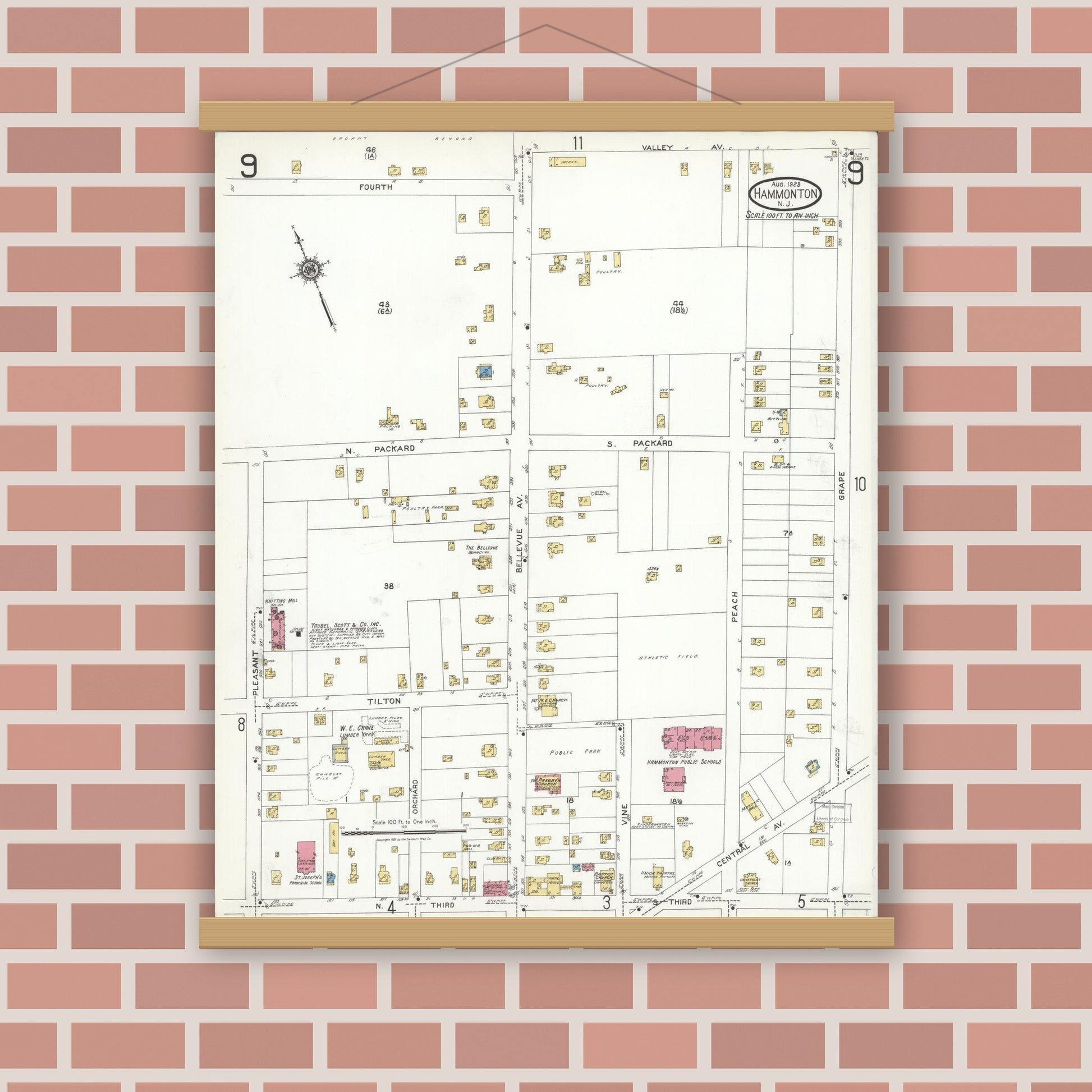 Old map wall art mockup — magnetic wood frame on brick wall — Sanborn Fire Insurance Map from Hammonton, Atlantic County, New Jersey (1923), Sheet #0009