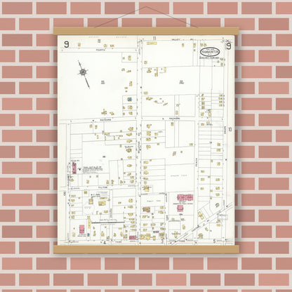 Old map wall art mockup — magnetic wood frame on brick wall — Sanborn Fire Insurance Map from Hammonton, Atlantic County, New Jersey (1923), Sheet #0009