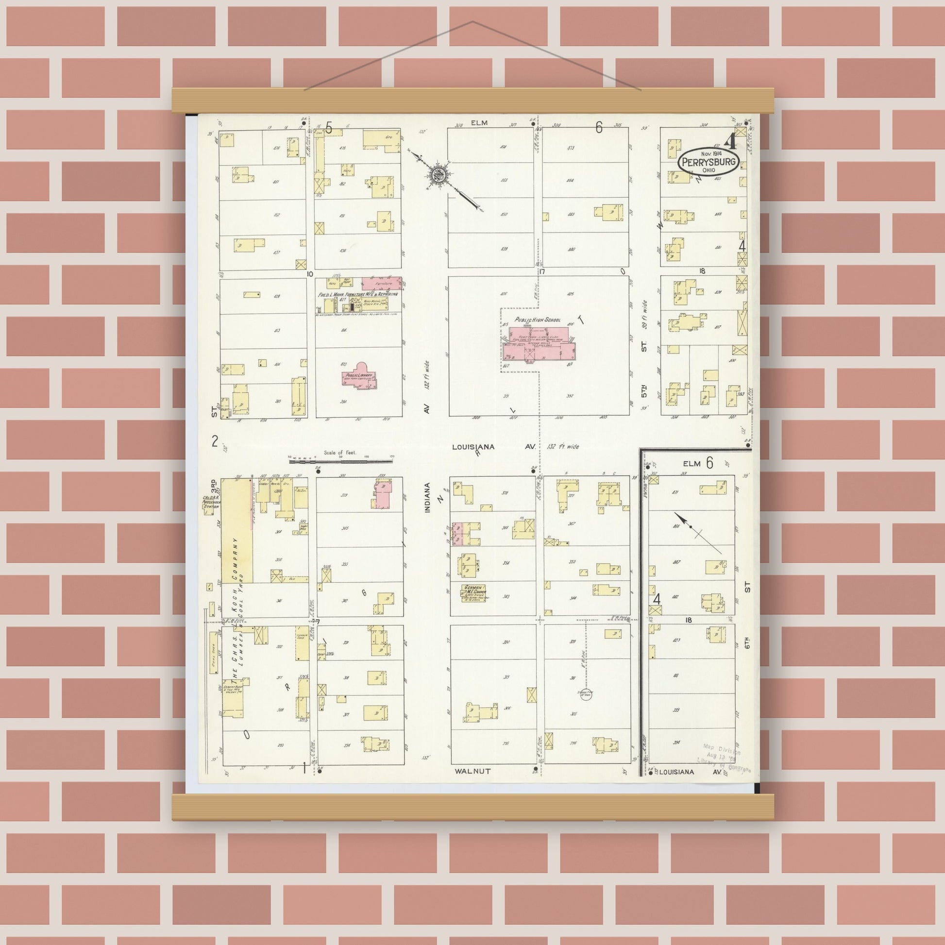 Old map wall art mockup — magnetic wood frame on brick wall — Sanborn Fire Insurance Map from Perrysburg, Wood County, Ohio (1914), Sheet #0004