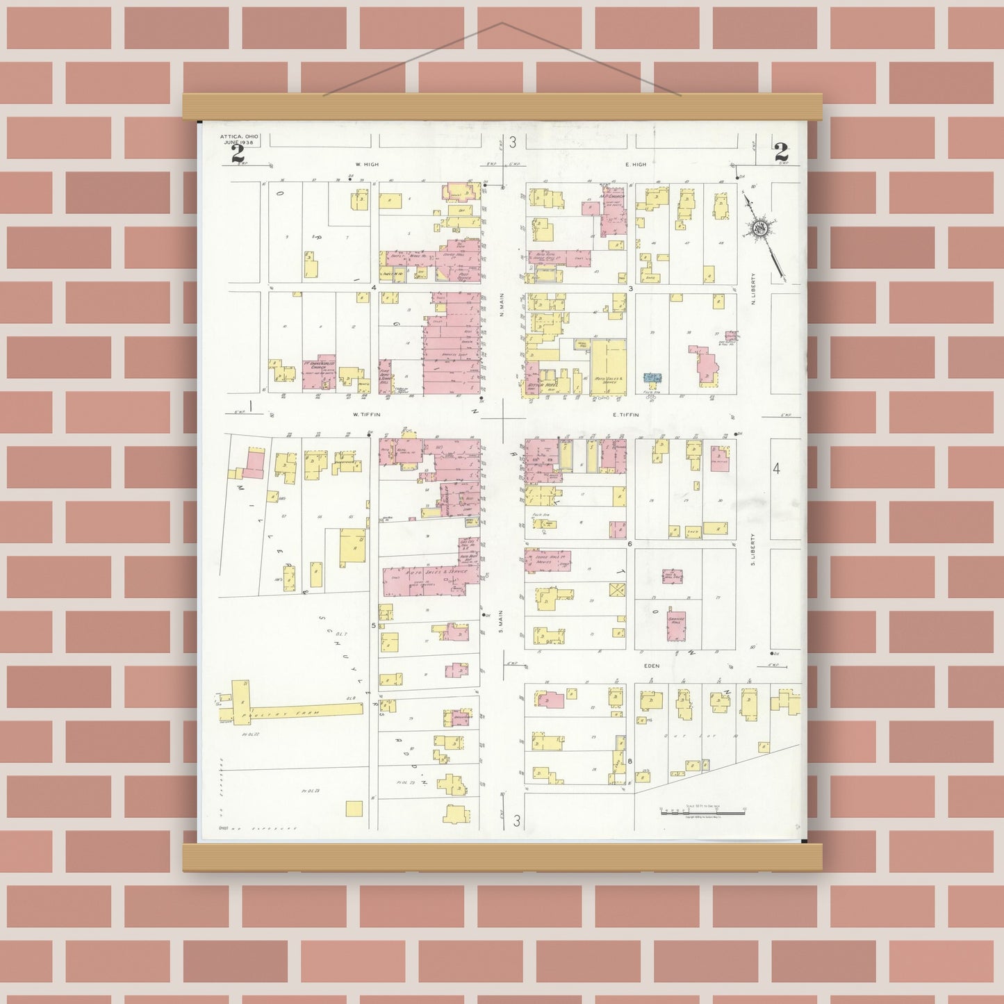 Old map wall art mockup — magnetic wood frame on brick wall — Sanborn Fire Insurance Map from Attica, Seneca County, Ohio (1938), Sheet #0002