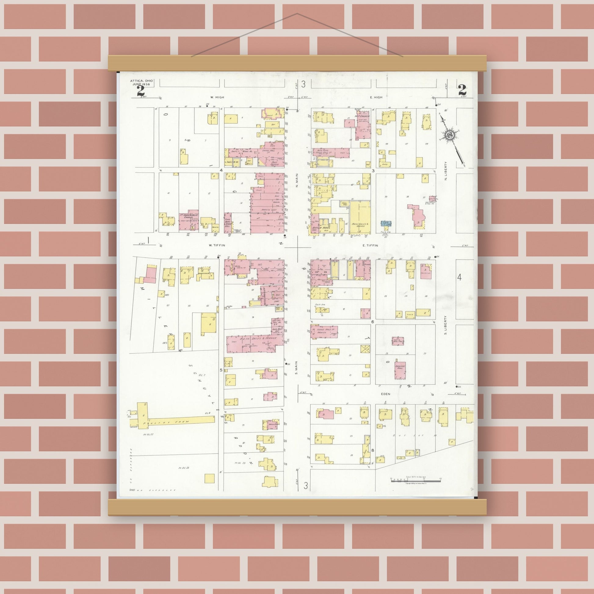 Old map wall art mockup — magnetic wood frame on brick wall — Sanborn Fire Insurance Map from Attica, Seneca County, Ohio (1938), Sheet #0002