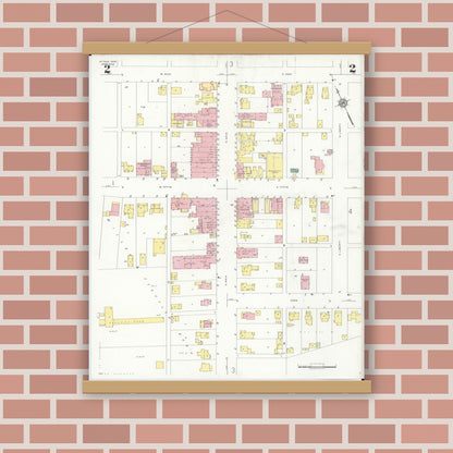 Old map wall art mockup — magnetic wood frame on brick wall — Sanborn Fire Insurance Map from Attica, Seneca County, Ohio (1938), Sheet #0002