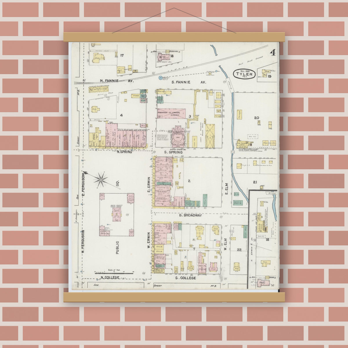 Old map wall art mockup — magnetic wood frame on brick wall — Sanborn Fire Insurance Map from Tyler, Smith County, Texas (1889), Sheet #0004