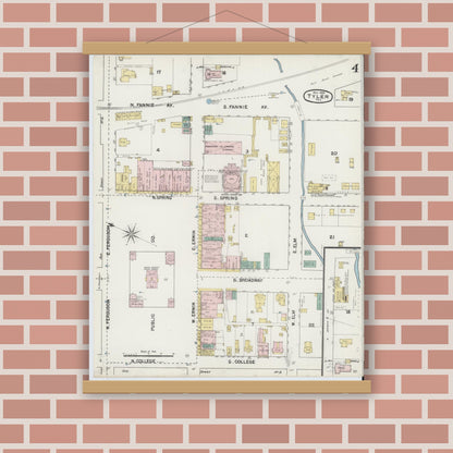 Old map wall art mockup — magnetic wood frame on brick wall — Sanborn Fire Insurance Map from Tyler, Smith County, Texas (1889), Sheet #0004