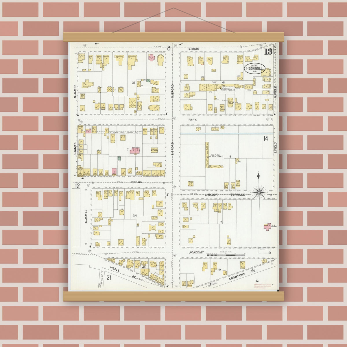 Old map wall art mockup — magnetic wood frame on brick wall — Sanborn Fire Insurance Map from Peekskill, Westchester County, New York (1900), Sheet #0013