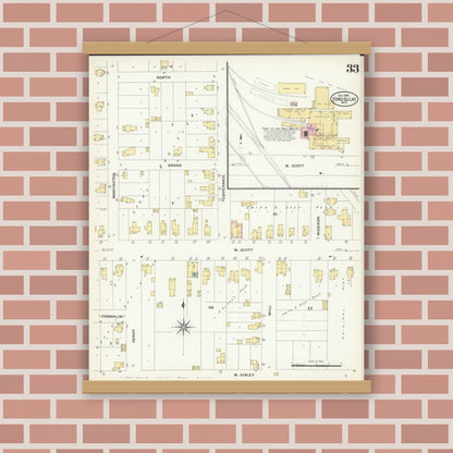 Old map wall art mockup — magnetic wood frame on brick wall — Sanborn Fire Insurance Map from Fond du Lac, Fond du Lac County, Wisconsin (1908), Sheet #0033