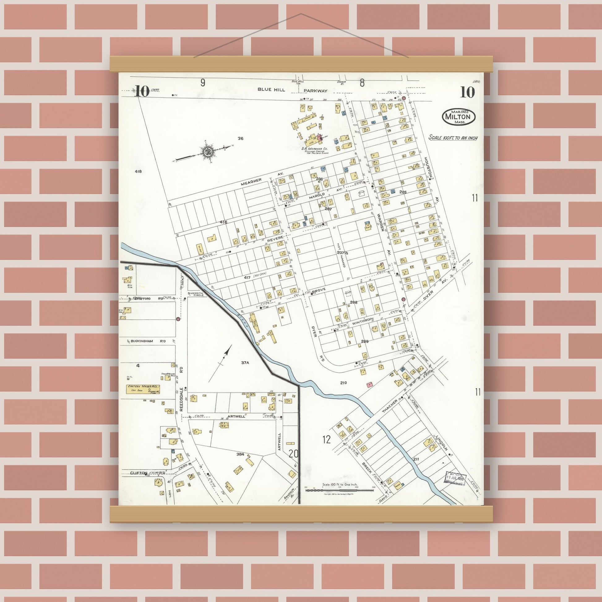 Old map wall art mockup — magnetic wood frame on brick wall — Sanborn Fire Insurance Map from Milton, Norfolk County, Massachusetts (1923), Sheet #0010